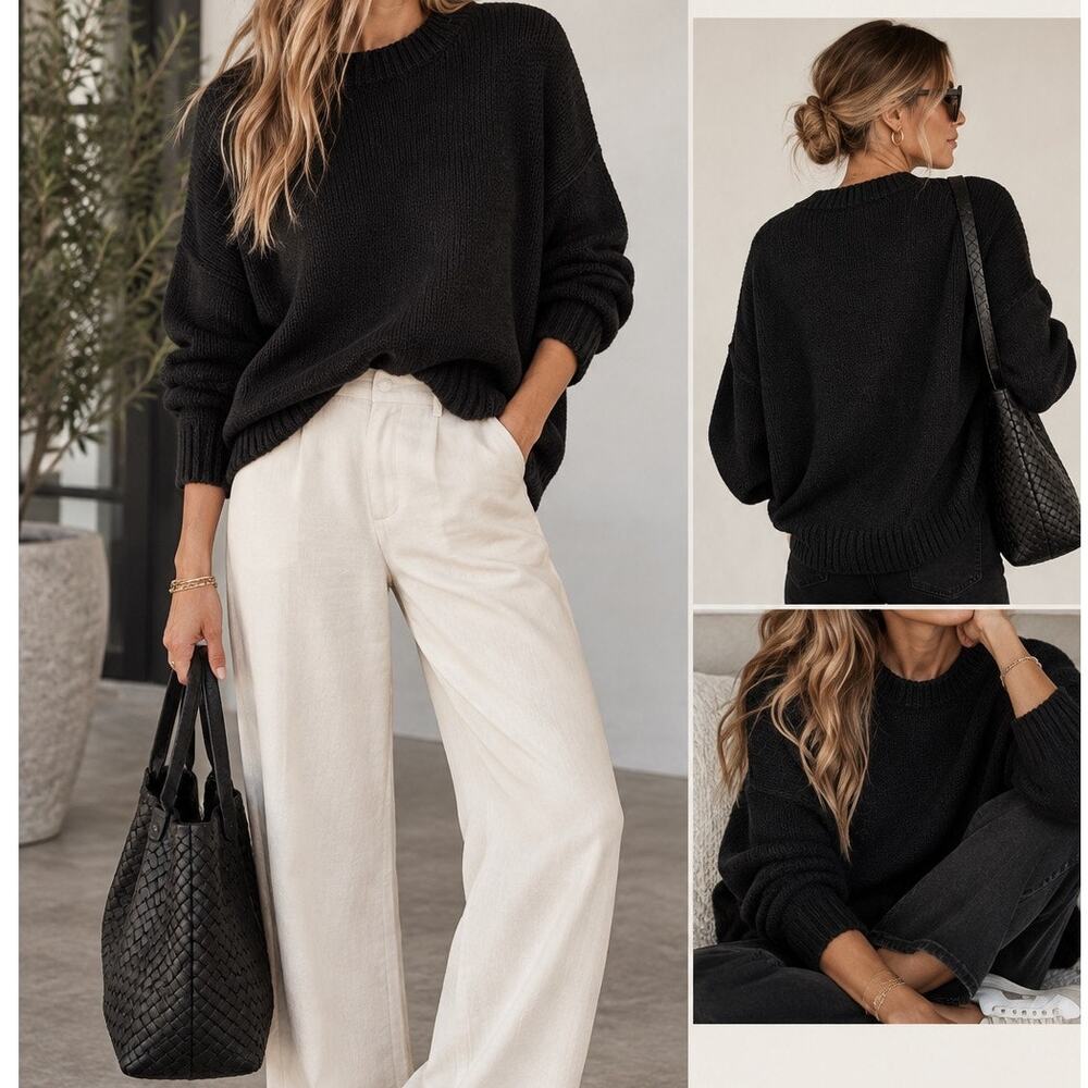Jenni Kayne Cotton/Linen Crew Neck Knit Pullover Sweater Black Women's Size XS